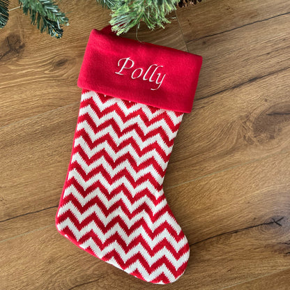 Red and White Knitted Zig Zag Stocking