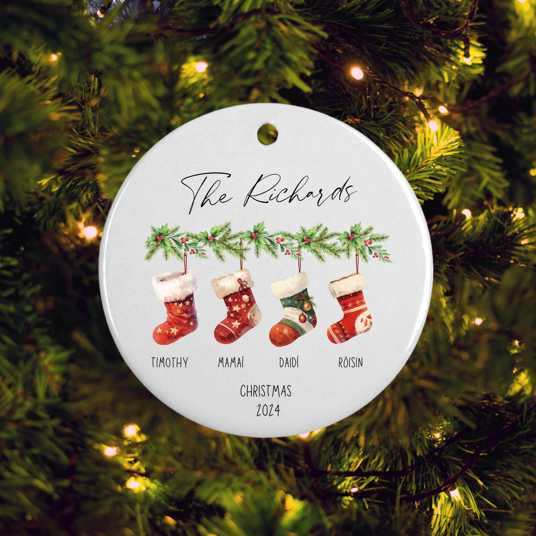 Family Stockings on Garland Christmas Bauble