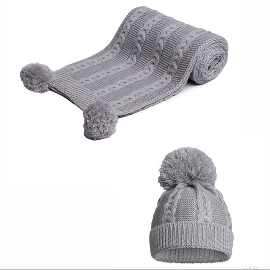 Cable Knit Blanket & Hat Set Grey