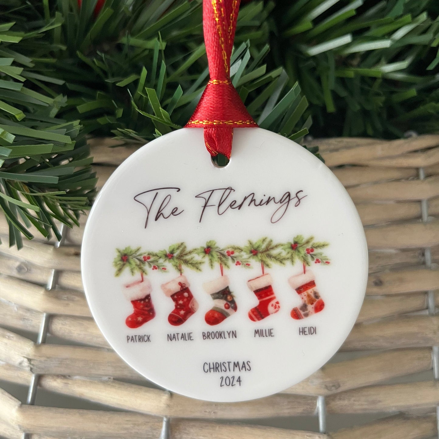 Family Stockings on Garland Christmas Bauble