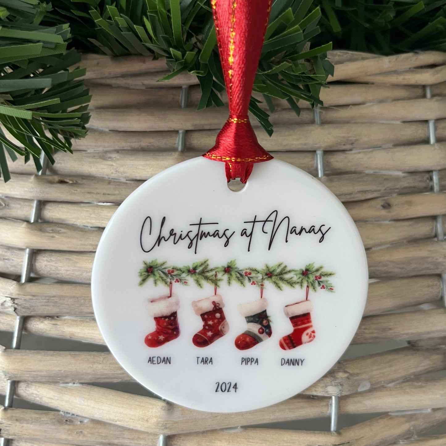 Family Stockings on Garland Christmas Bauble 3