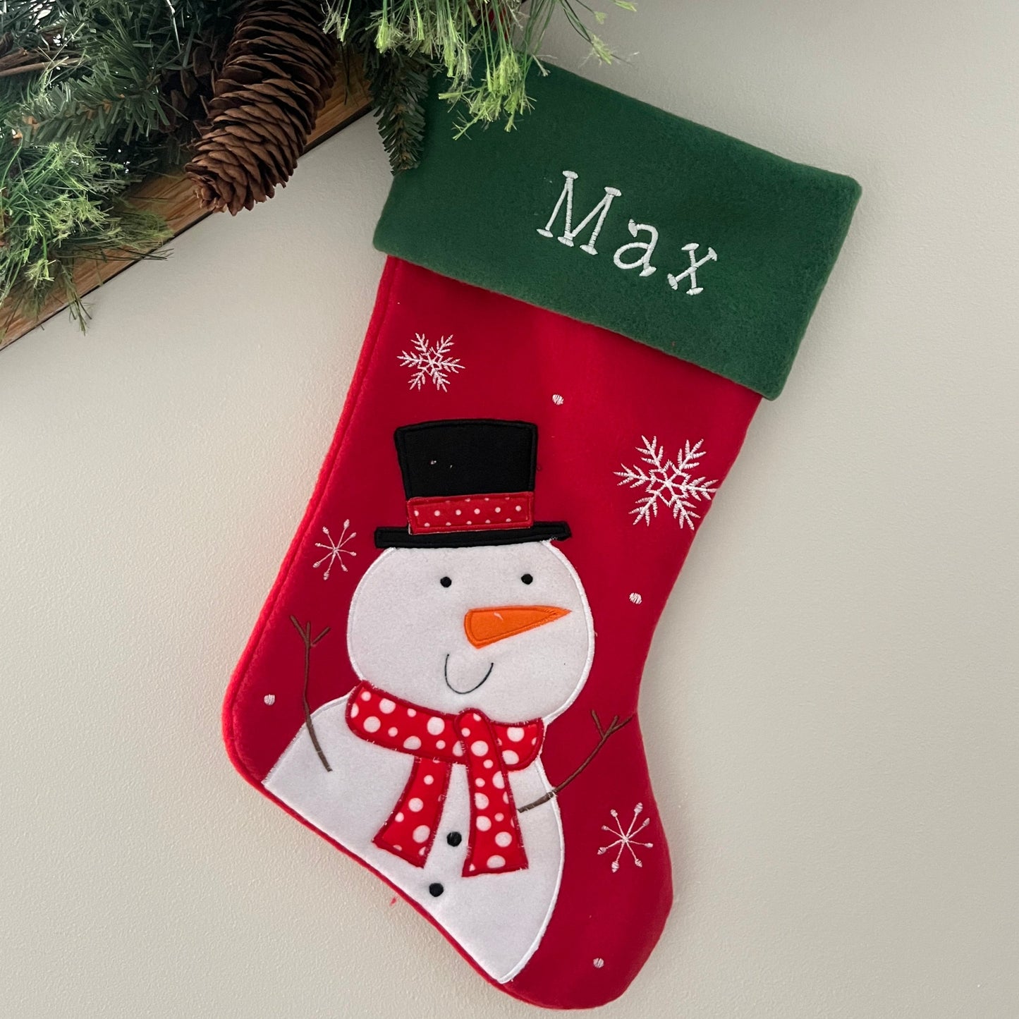 Plush Red, Green Top Snowman Stocking