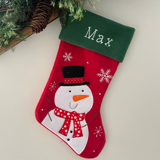 Plush Red, Green Top Snowman Stocking