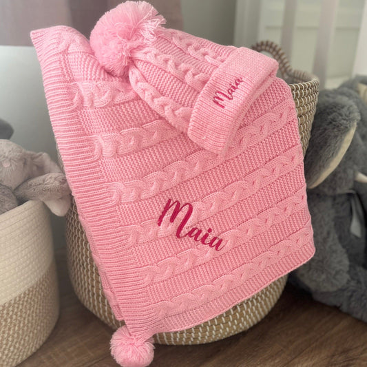 Cable Knit Blanket & Hat Set Pink