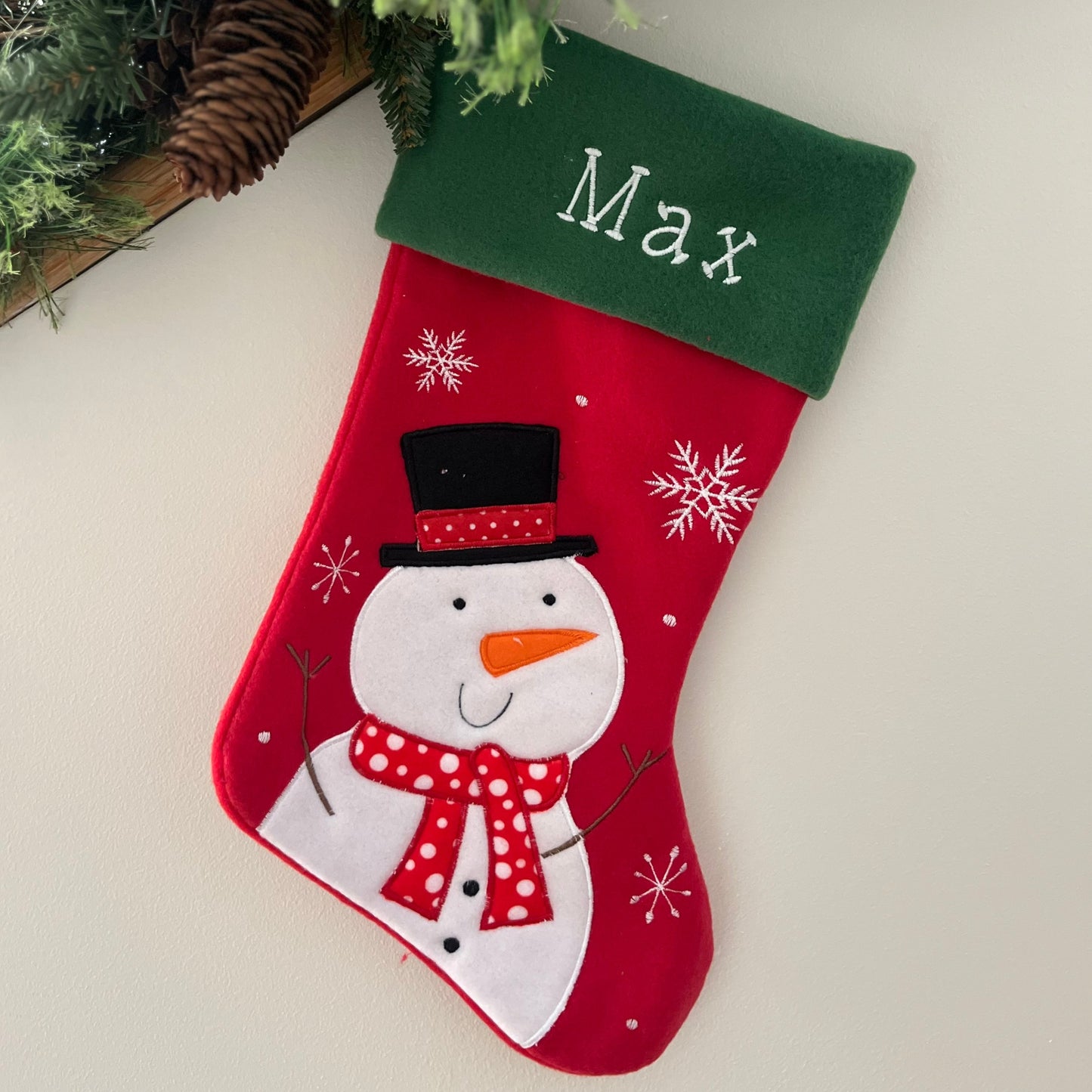 Plush Red, Green Top Snowman Stocking