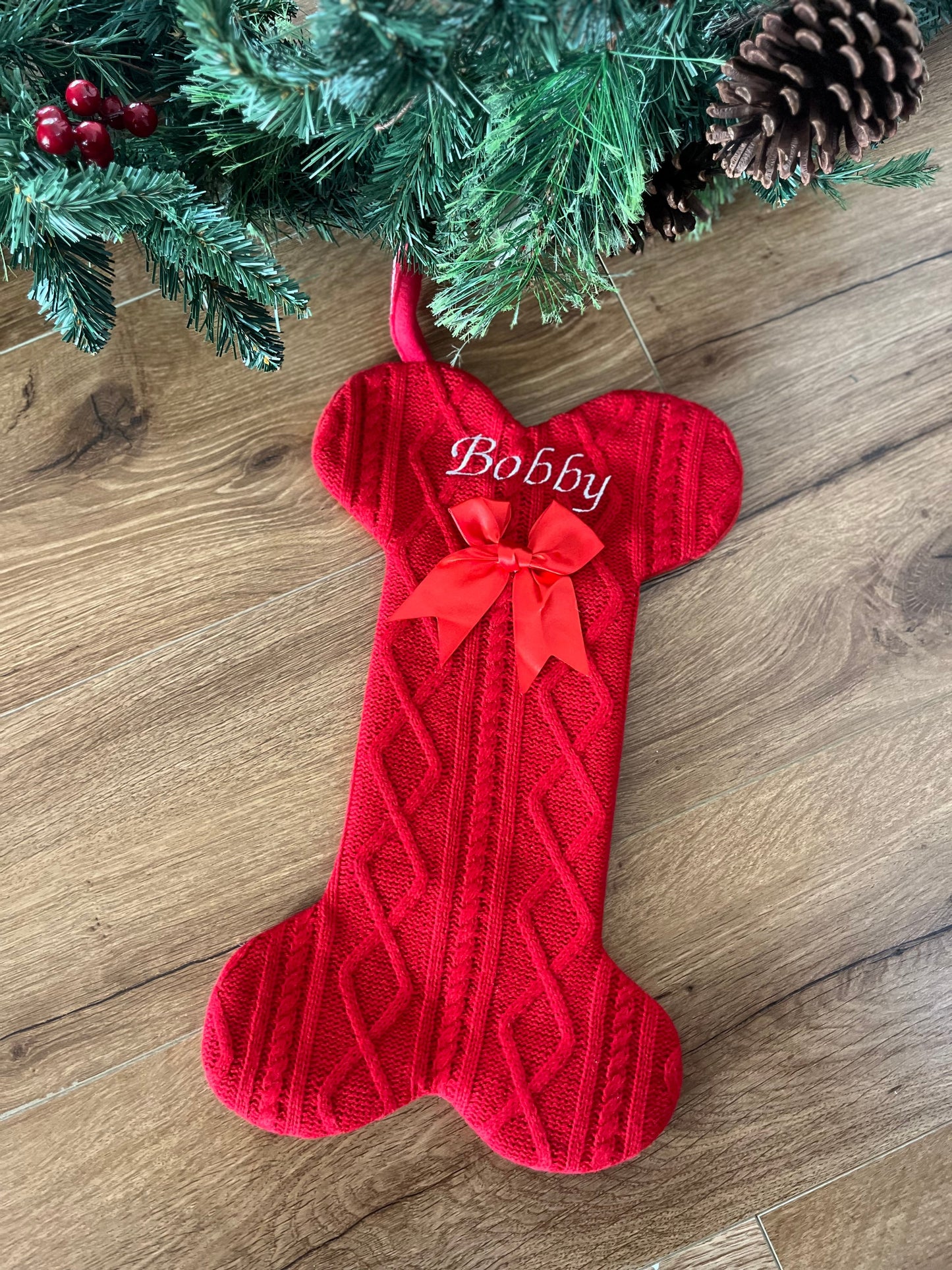 Red Knitted Bone Stocking With Bow