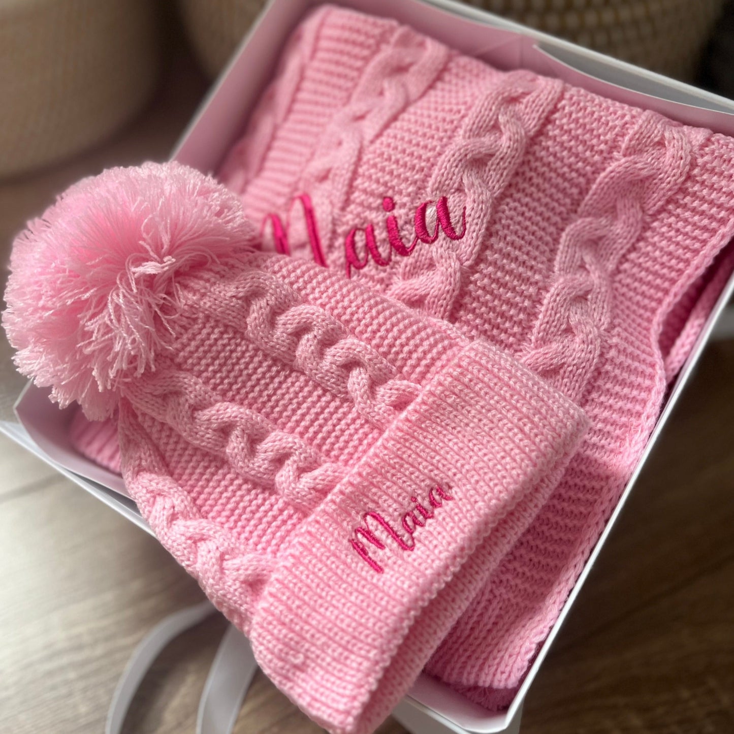 Cable Knit Blanket & Hat Set Pink