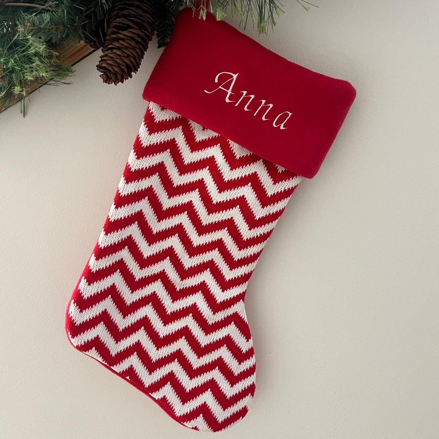 Red and White Knitted Zig Zag Stocking
