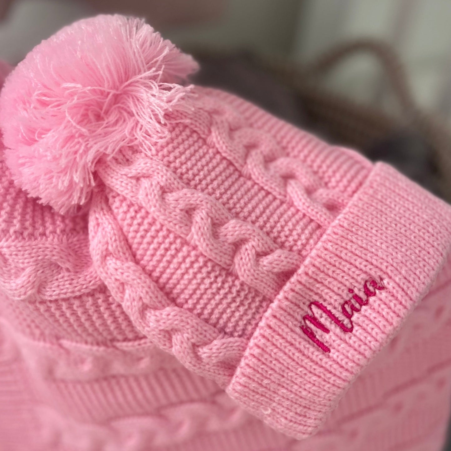Cable Knit Blanket & Hat Set Pink
