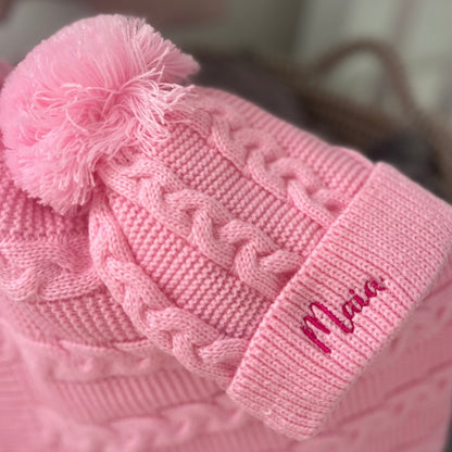 Cable Knit Blanket & Hat Set Pink