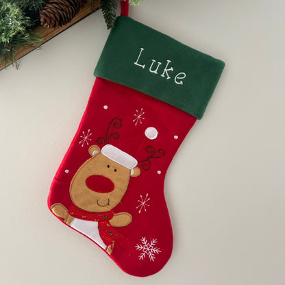 Plush Red, Green Top Reindeer Stocking