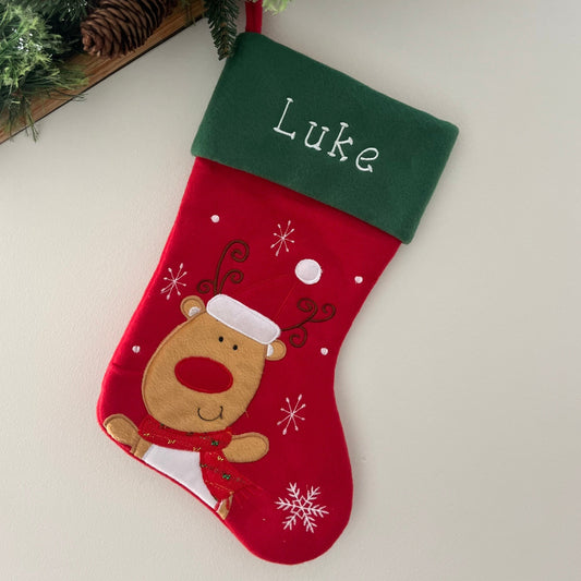 Plush Red, Green Top Reindeer Stocking