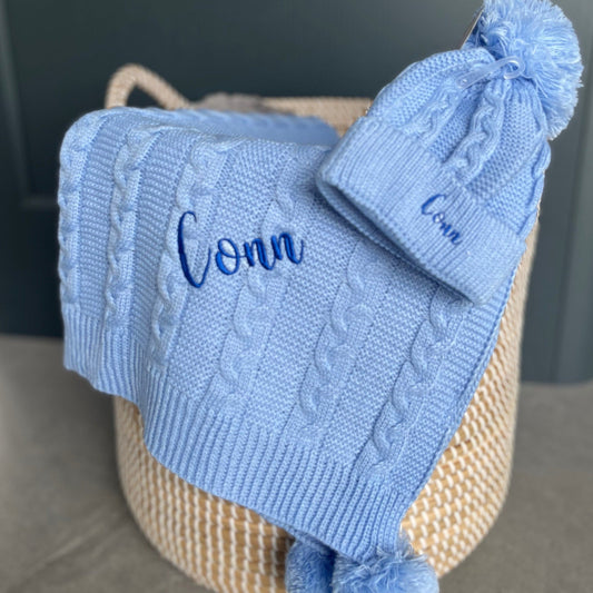 Cable Knit Blanket & Hat Set Blue