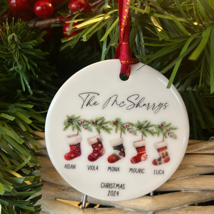Family Stockings on Garland Christmas Bauble