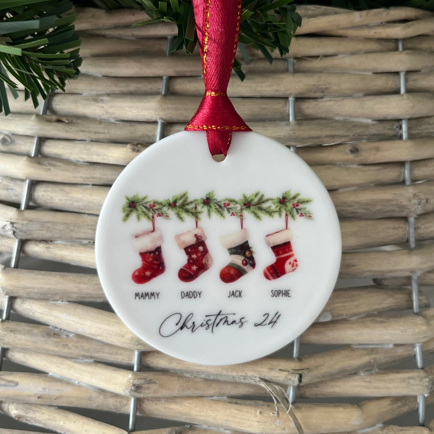 Family Stockings on Garland Christmas Bauble 2