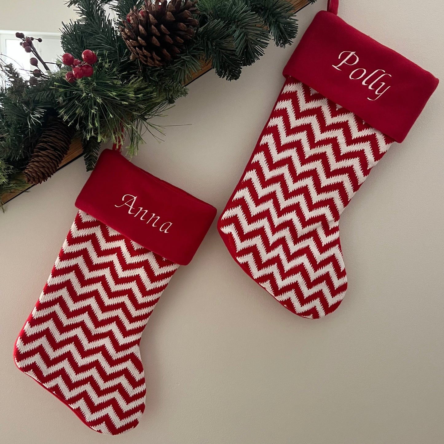 Red and White Knitted Zig Zag Stocking